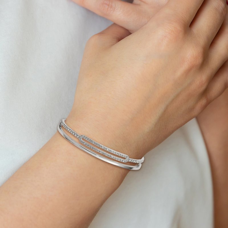 Stainless Steel Polished with Crystals Adjustable Bangle Bracelet