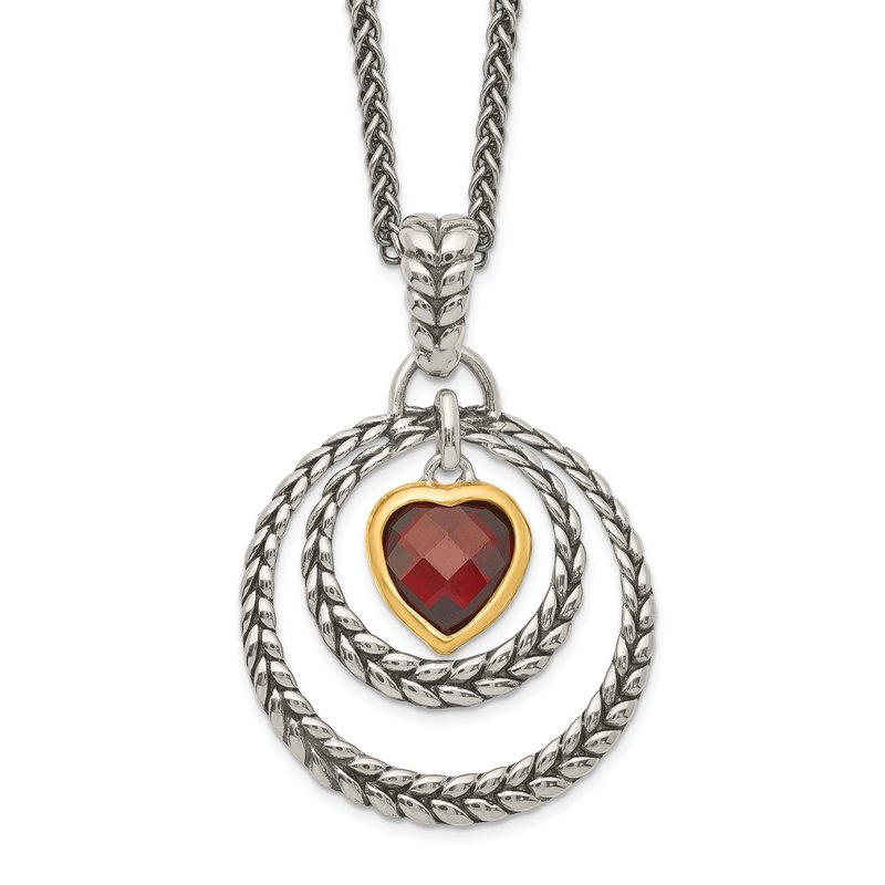 Sterling Silver Gold-tone Flash Gold-plated 18 Inch Antiqued Checkerboard Garnet Heart Necklace