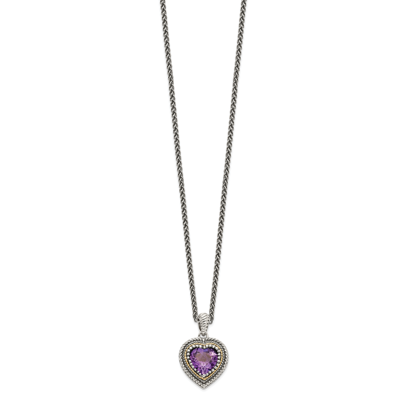 Sterling Silver with 14K Accent 18 inch Antiqued Amethyst Heart Necklace