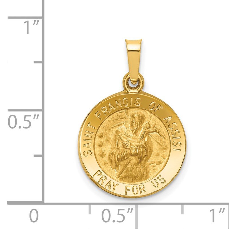 14k Polished and Satin Hollow St Francis of Assisi Medal Round Pendant
