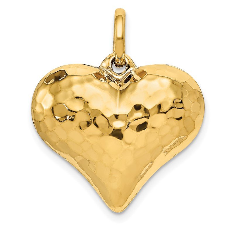 14K Polished and Hammered 3-D Puffed Heart Pendant