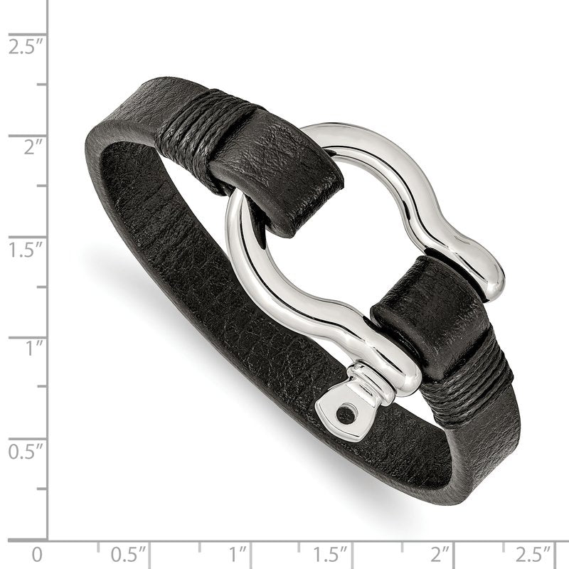 Stainless Steel Polished Shackle Black Leather 8.25 inch Bracelet