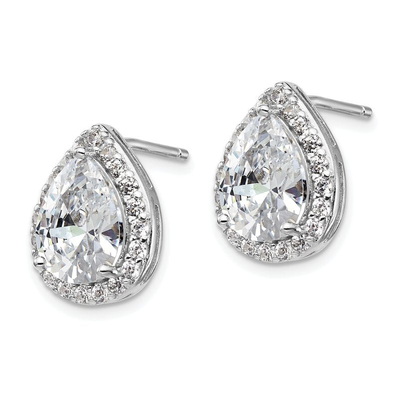 Sterling Silver Rhodium-plated Brilliant-cut Teardrop CZ Halo Post Earrings