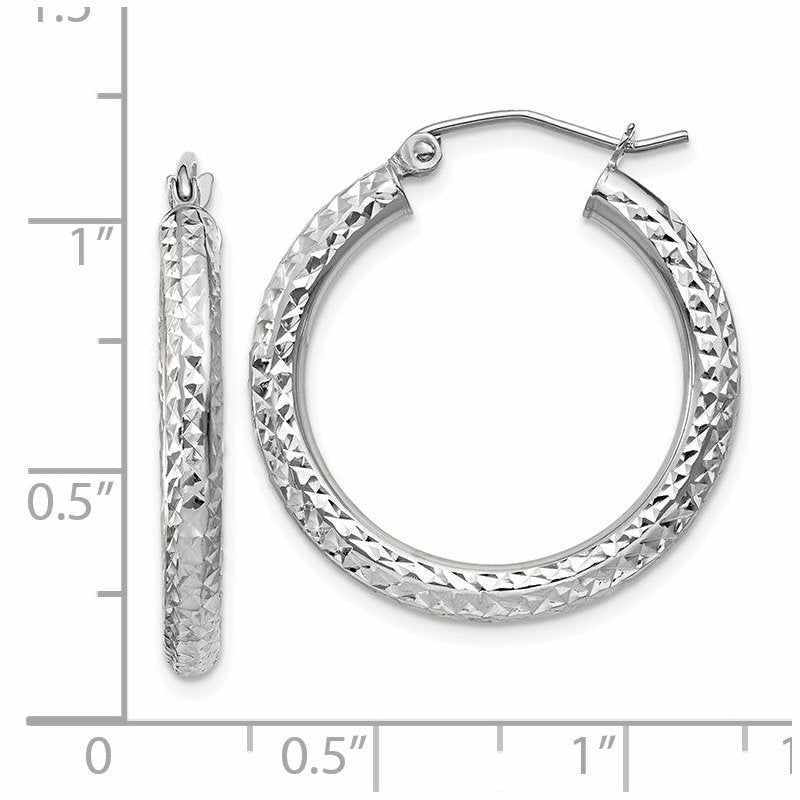 14k White Gold Diamond-cut 3mm Round Hoop Earrings