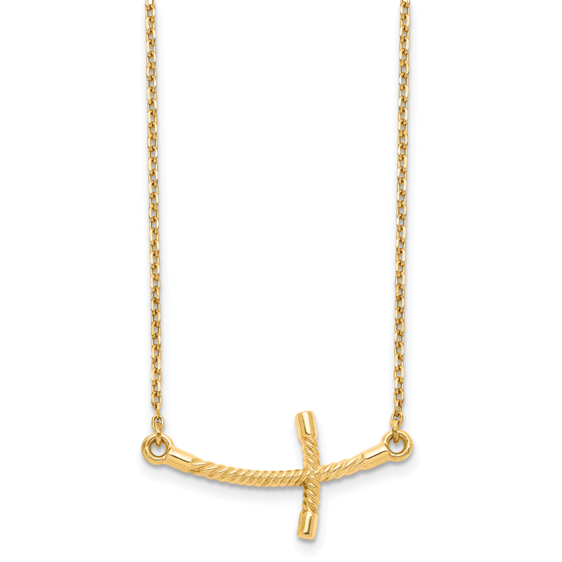 14k Large Sideways Curved Twist Cross 19 inch Necklace