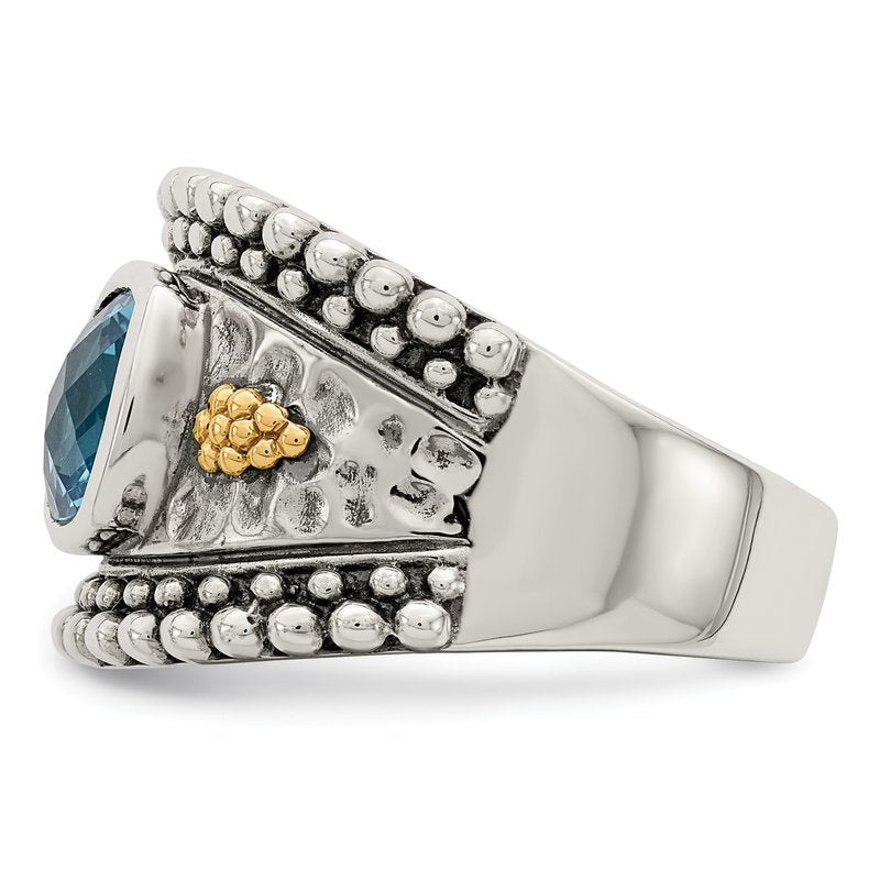 Sterling Silver with 14K Accent Antiqued Checkerboard Bezel Blue Topaz Ring