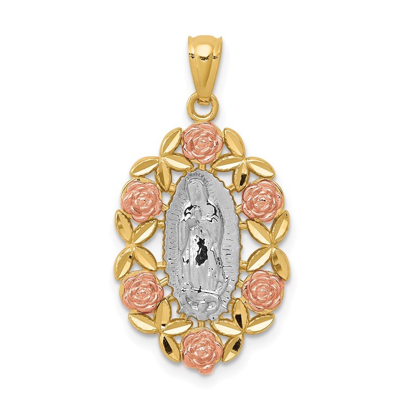 14K Two-Tone with White Rhodium Our Lady of Guadalupe with Flowers Oval Pendant