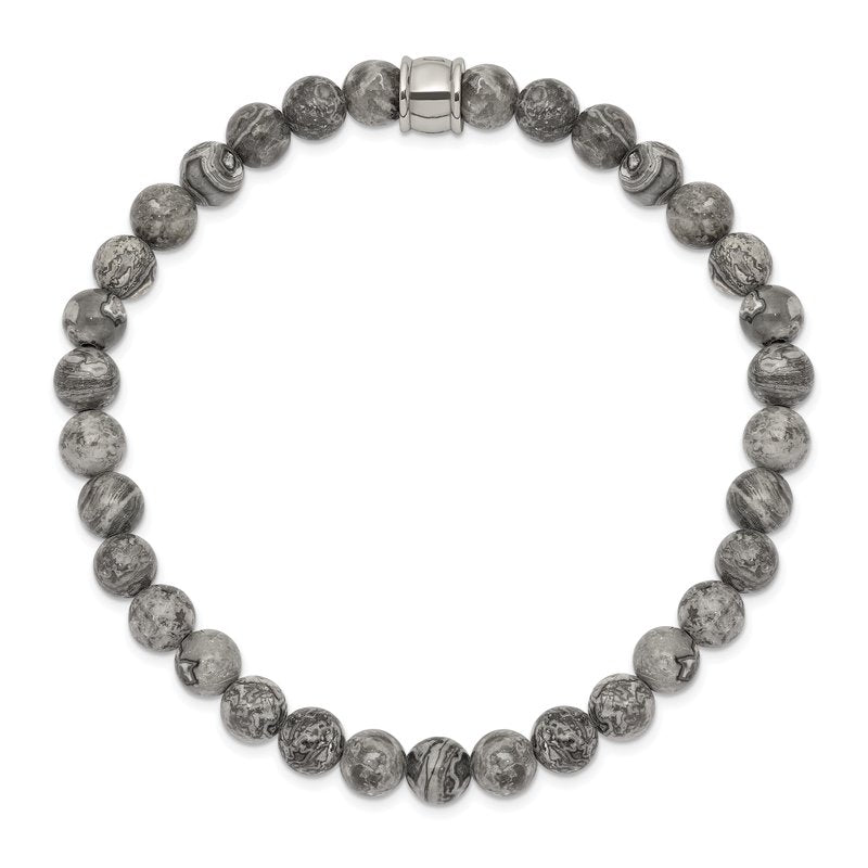 Stainless Steel Polished 6mm Grey Jasper Beaded Stretch Bracelet