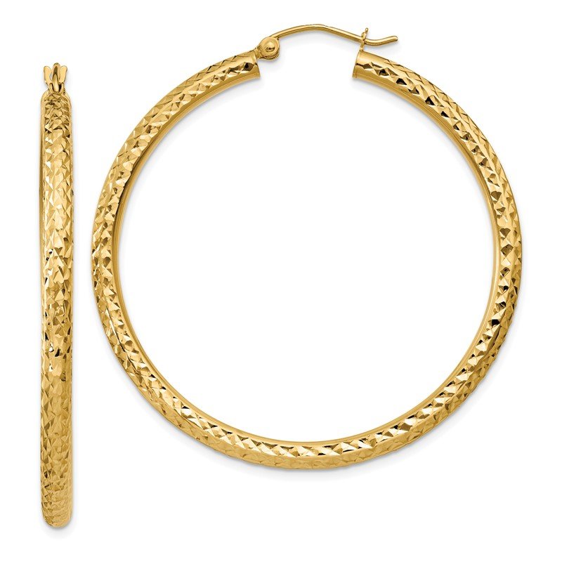 14k Diamond-cut 3mm  Round Hoop Earrings
