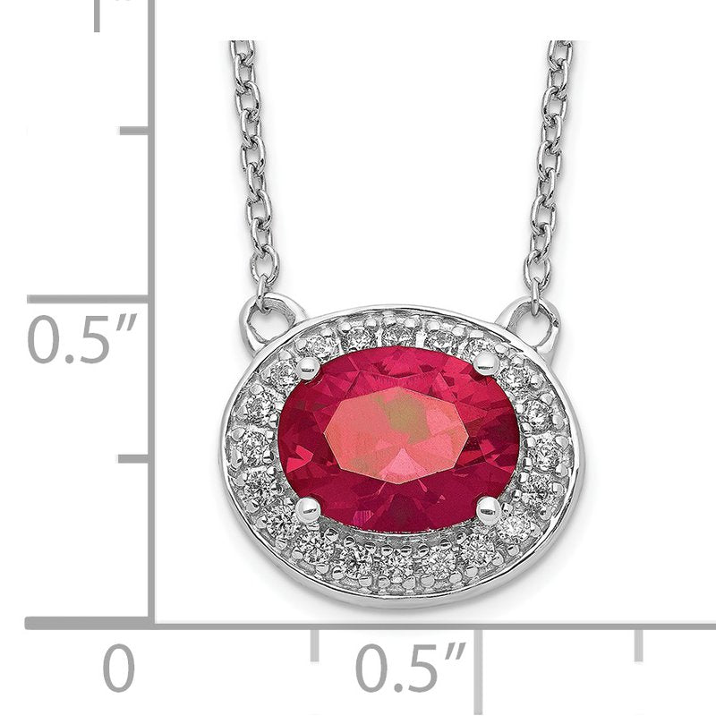 14k White Gold Diamond and 6x4mm Oval Ruby Halo East-West 18 inch Necklace