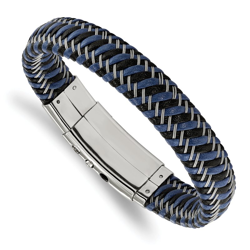 Stainless Steel Polished Braided Wire and Black and Blue Leather Adjustable 7.75 to 8.25 inch Bracelet