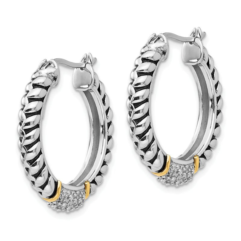 Sterling Silver with 14K Accent Antiqued Diamond Hoop Earrings