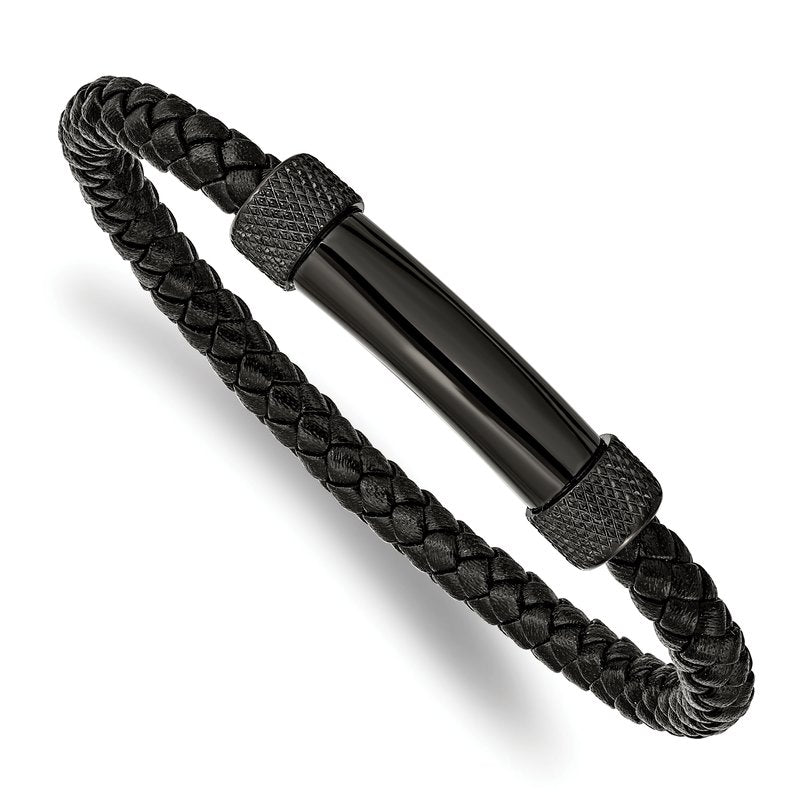 Stainless Steel Polished Black IP-plated Black Braided Leather 8.25 inch Bracelet
