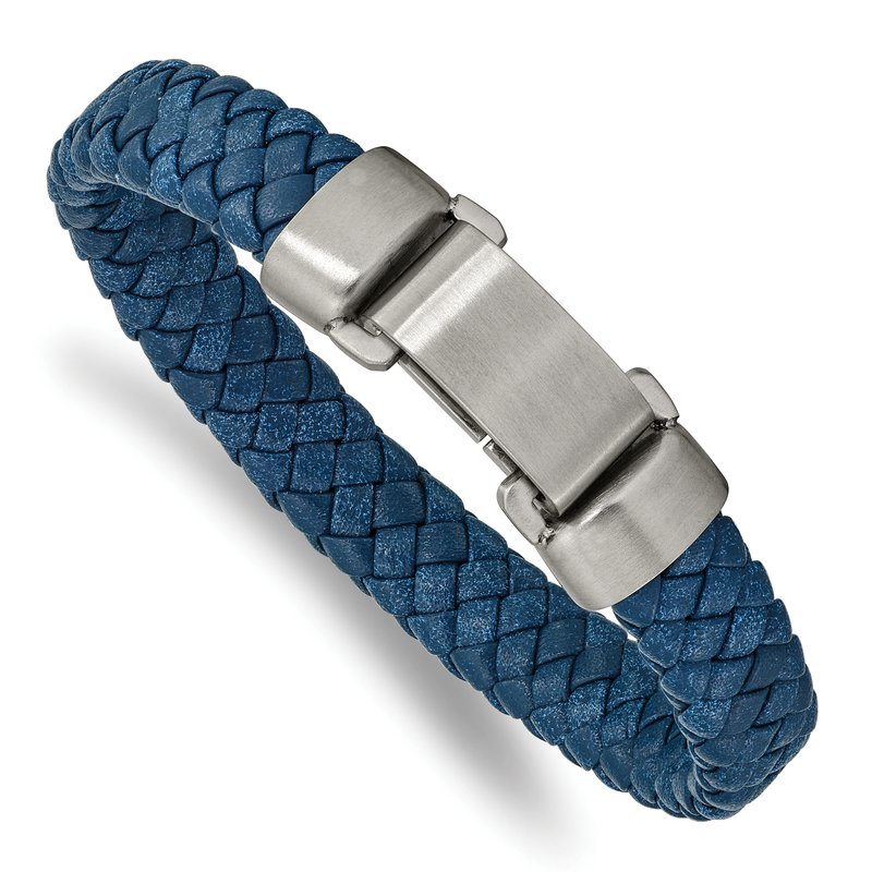 Stainless Steel Brushed Blue Leather 8.25 inch Bracelet