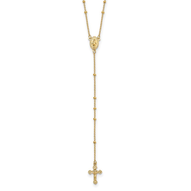 14k Polished Crucifix and Miraculous Medal 2mm Beaded 19.5 inch Rosary Necklace