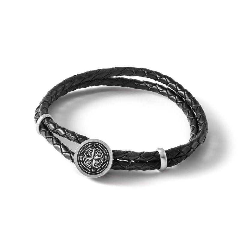 Stainless Steel Brushed Laser Design Compass Black Woven Leather 8.5 inch Bracelet