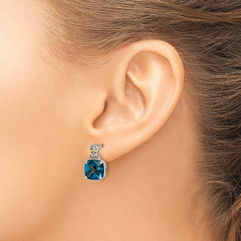 Sterling Silver with 14K Accent Antiqued Cushion London Blue Topaz Post Dangle Earrings