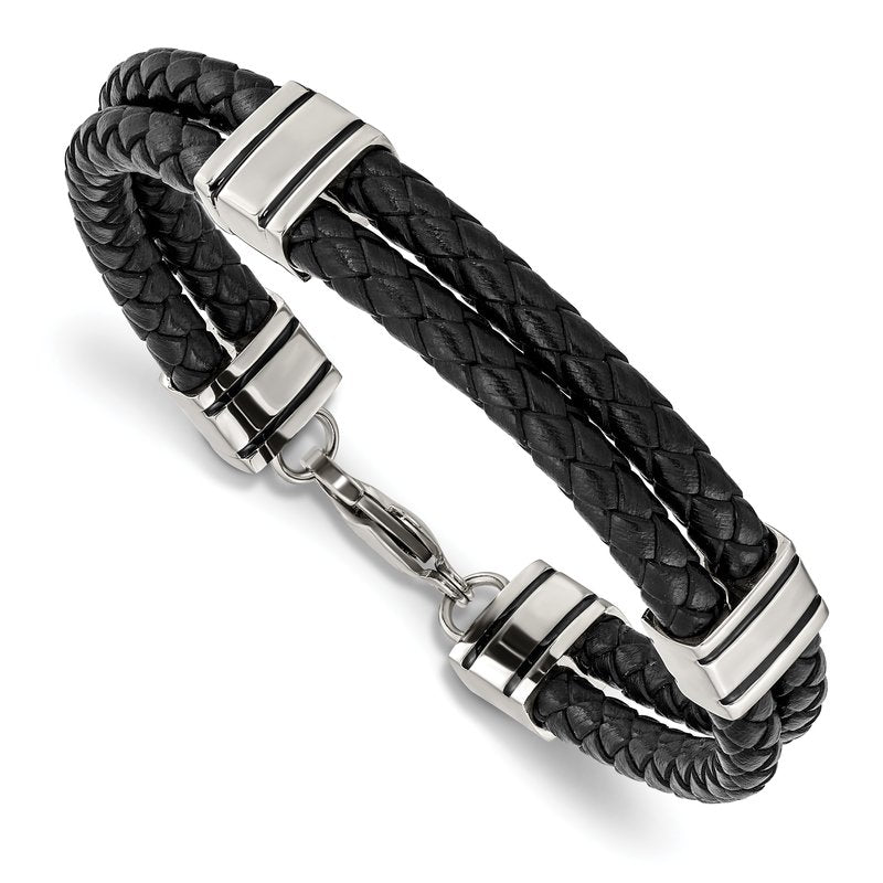 Stainless Steel Polished Braided 2 Strand Black Braided Leather 9 inch Bracelet