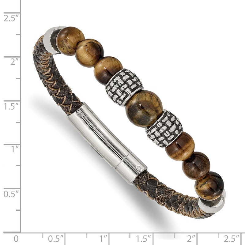 Stainless Steel Antiqued and Polished Tiger's Eye Beads Brown Leather 8.5 inch Bracelet
