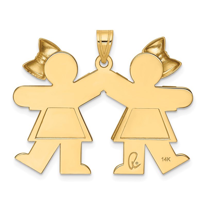 14k The Kids Solid Engravable Medium Double Girls with Bows Kiss Charm