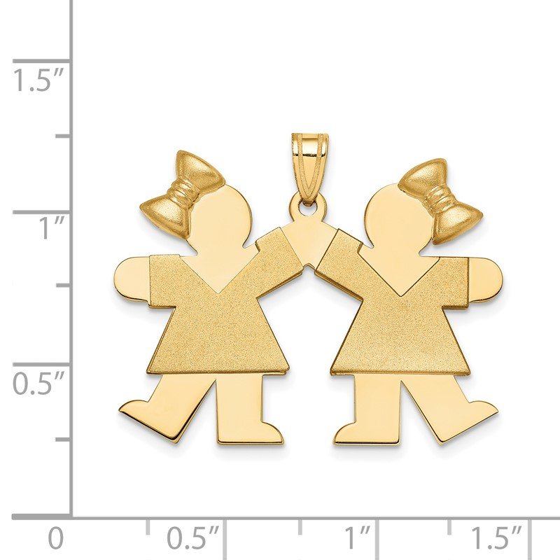 14k The Kids Solid Engravable Medium Double Girls with Bows Kiss Charm