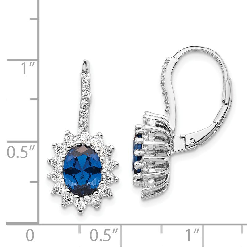 Sterling Silver Rhodium-plated Brilliant-cut Lab Created Dark Blue Spinel and Brilliant-cut White CZ Oval Halo Leverback Earrings