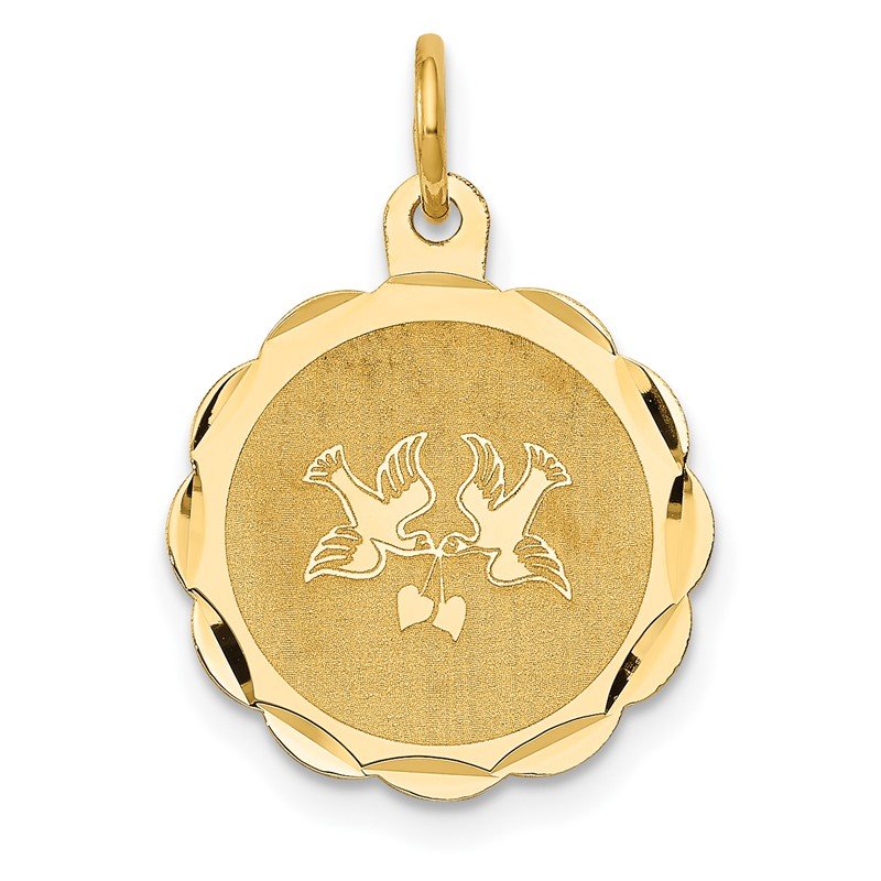 14k Love Birds Scalloped Border Engravable Disc Charm