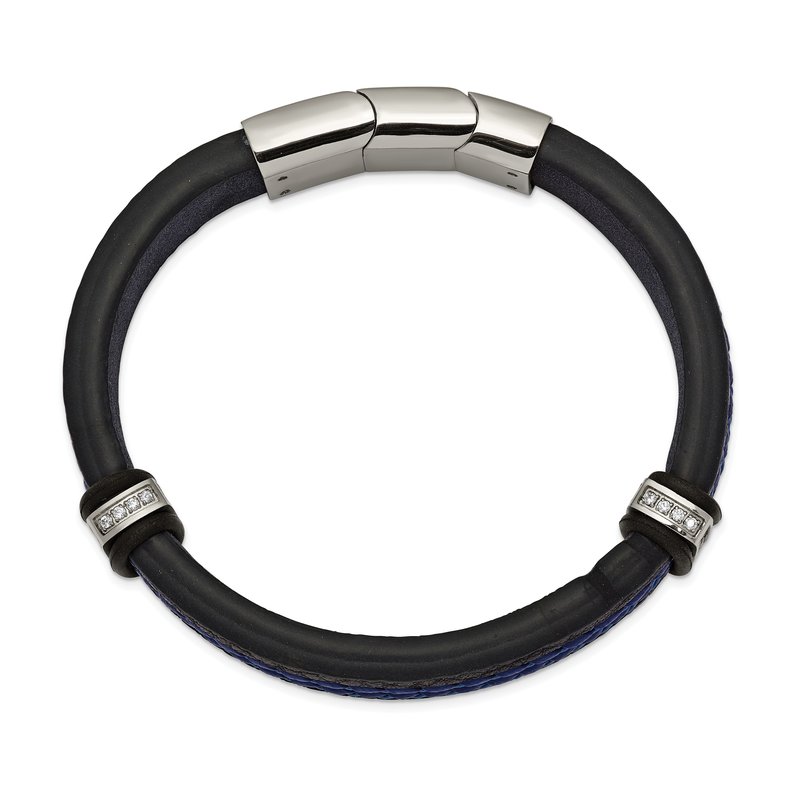 Stainless Steel Polished with CZ Black and Blue Braided Leather 8 inch Bracelet with .5 inch Extension