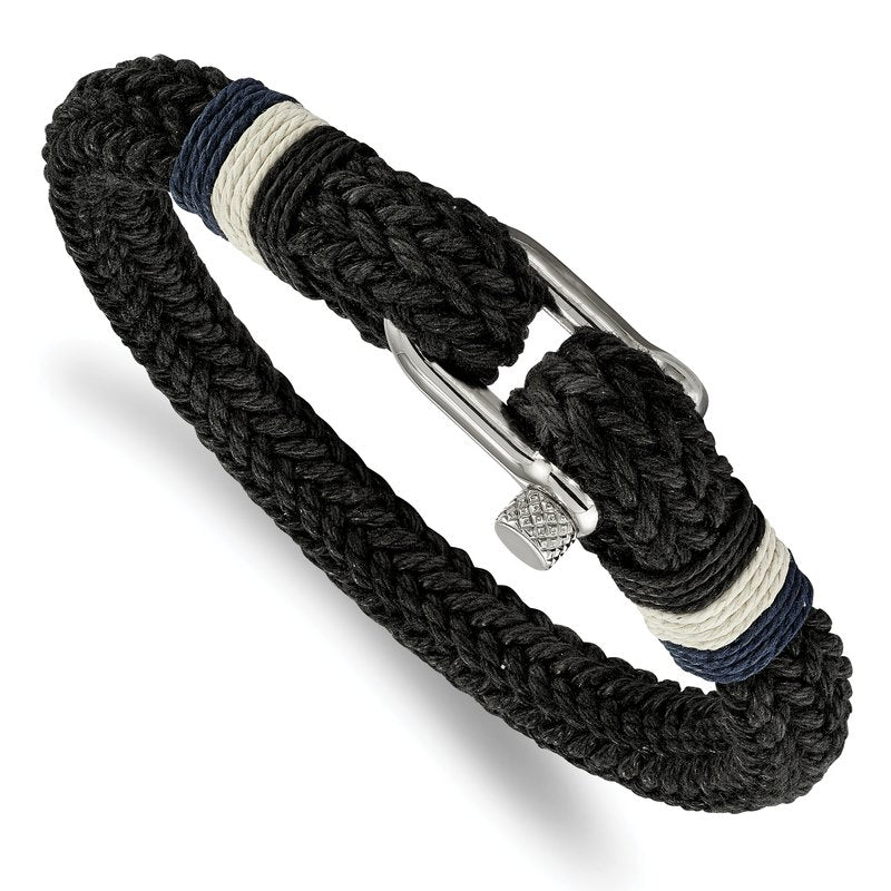 Stainless Steel Polished Woven Black Cotton 8.5 inch Bracelet
