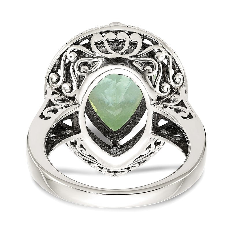 Sterling Silver with 14K Accent Antiqued Diamond and Pear Shaped Green Quartz Ring