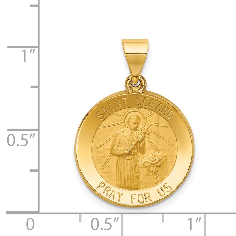 14k Polished and Satin Hollow Saint Gerard Medal Round Pendant
