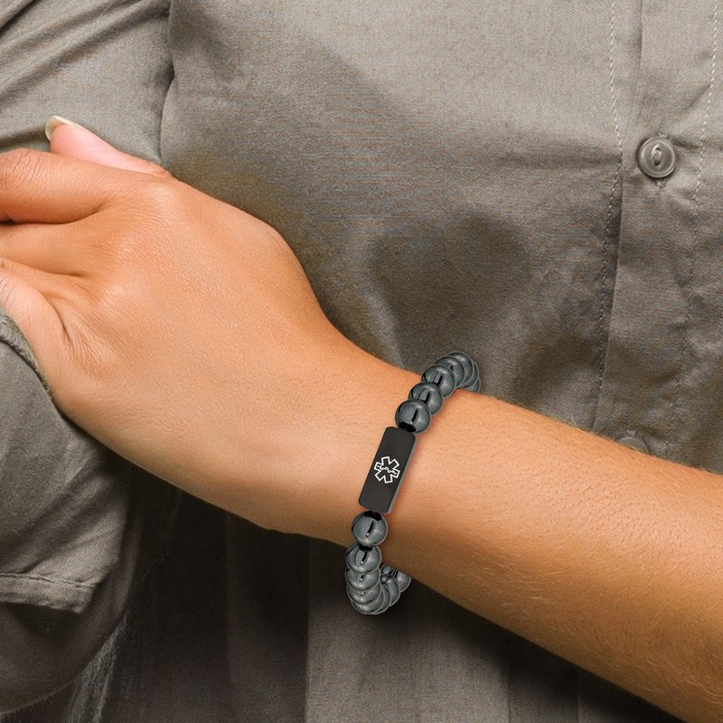 Stainless Steel Brushed Black IP-plated with White Enamel Medical ID 8mm Hematite Beaded Stretch Bracelet