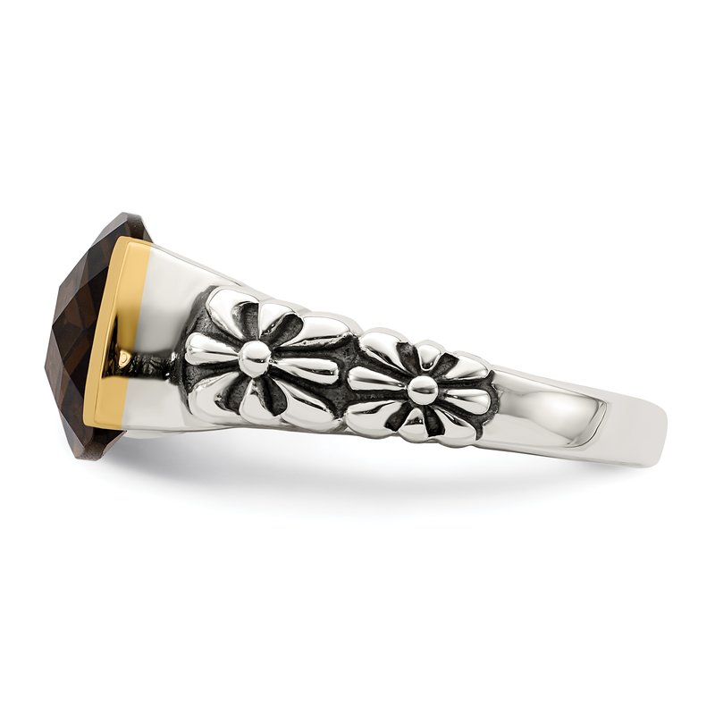Sterling Silver with 14K Accent Antiqued Cushion Checkerboard Smoky Quartz Ring