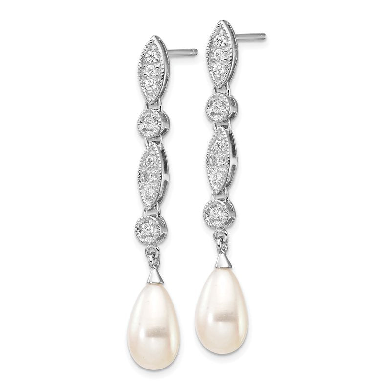 Sterling Silver Rhodium-plated Teardrop Freshwater Cultured Pearl and Brilliant-cut CZ Post Dangle Earrings
