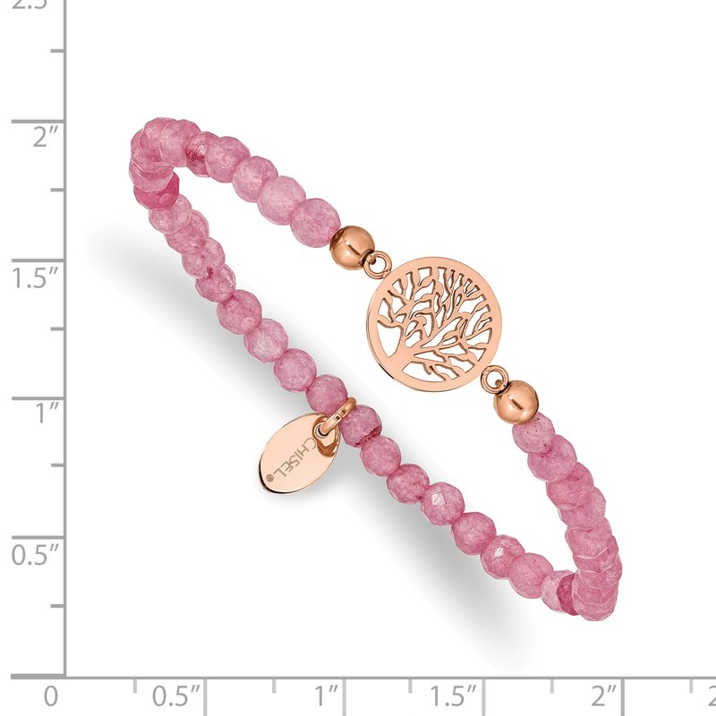 Stainless Steel Polished Rose IP-plated Tree of Life 4mm Red Jade Beaded Stretch Bracelet