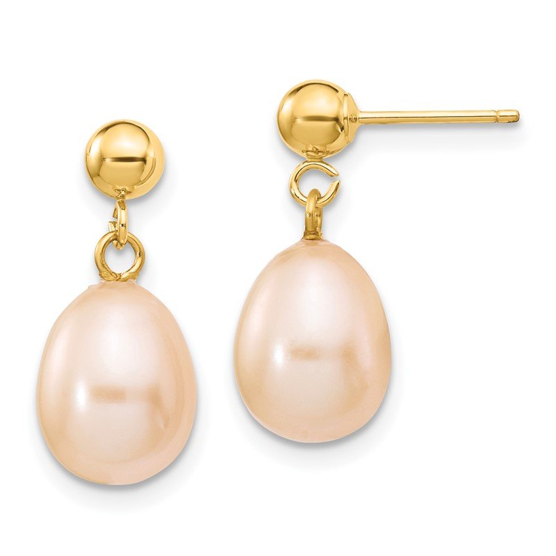 14k 8-9mm Pink Rice Freshwater Cultured Pearl Dangle Post Earrings