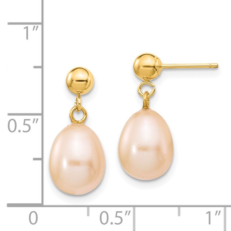 14k 8-9mm Pink Rice Freshwater Cultured Pearl Dangle Post Earrings