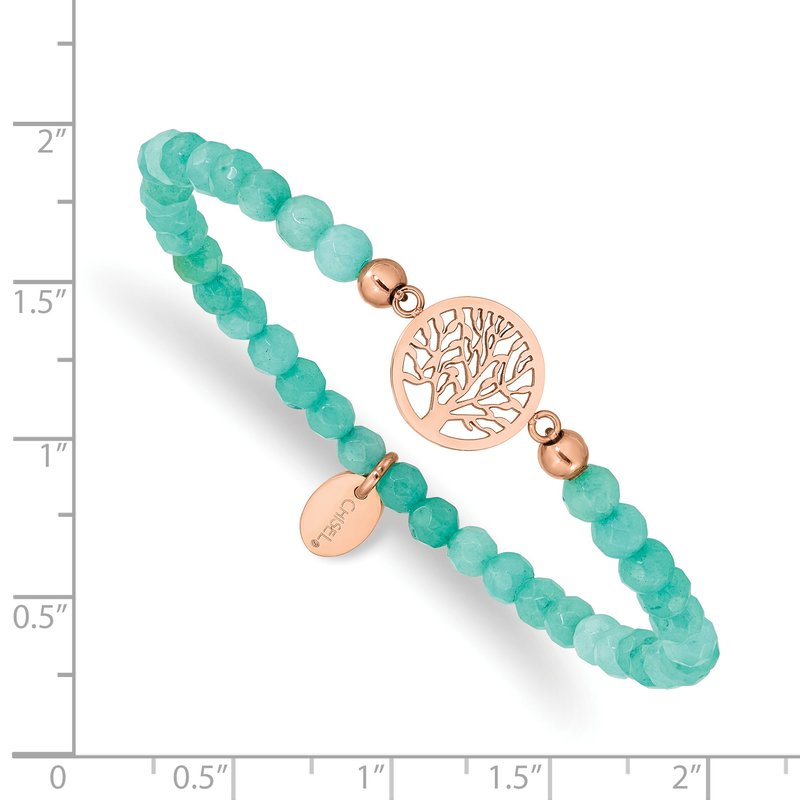 Stainless Steel Polished Rose IP-plated Tree of Life 4mm Mint Jade Beaded Stretch Bracelet