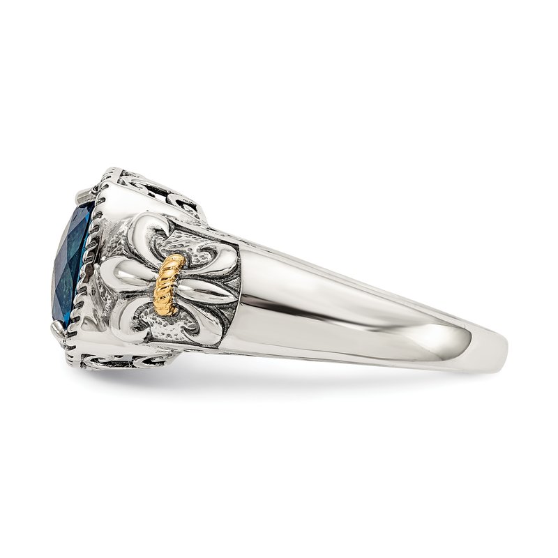 Sterling Silver with 14K Accent Antiqued Checkerboard Cushion London Blue Topaz Ring