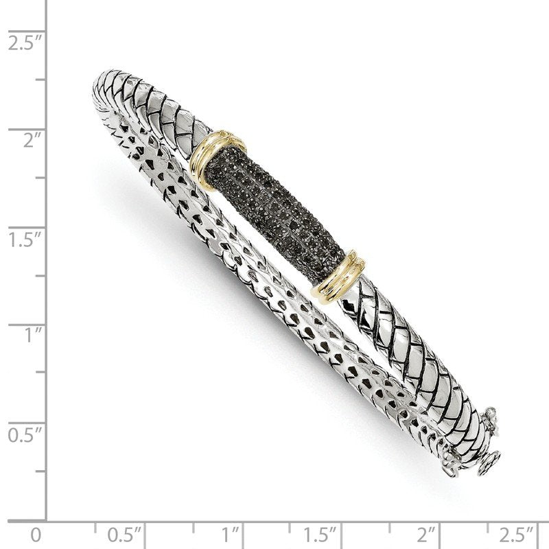 Sterling Silver with 14K Accent Antiqued Black Diamond Hinged Bangle Bracelet