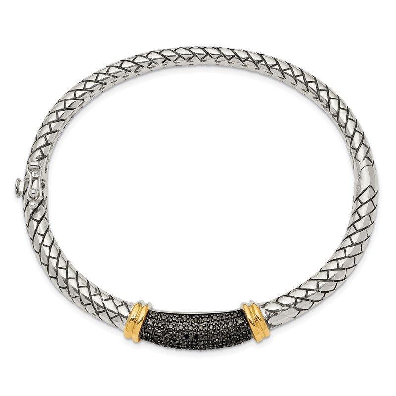 Sterling Silver with 14K Accent Antiqued Black Diamond Hinged Bangle Bracelet