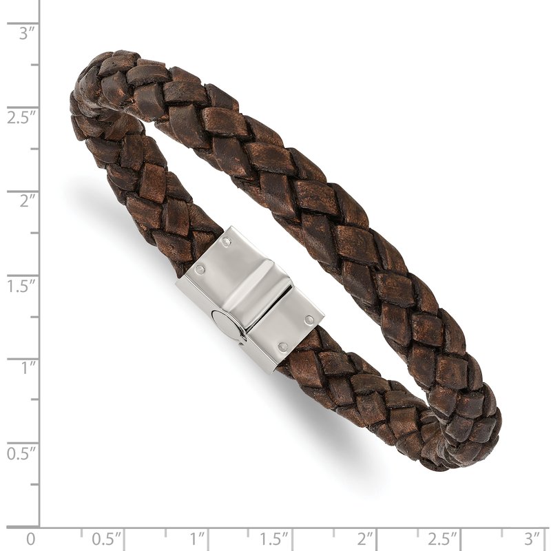 Stainless Steel Polished Brown Woven Leather 8.75 inch Bracelet