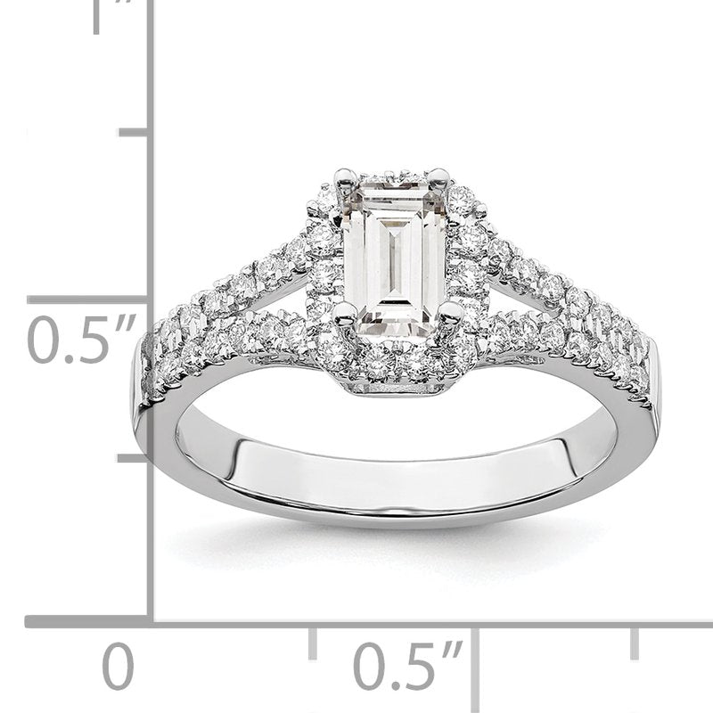 14K White Gold 3/8 carat Lab Grown Diamond VS+ F+ Semi-Mount Emerald Halo Engagement Ring