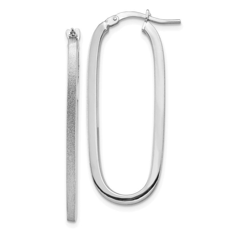 14k White Gold Polished &amp; Satin 2mm Oval Hoop Earrings