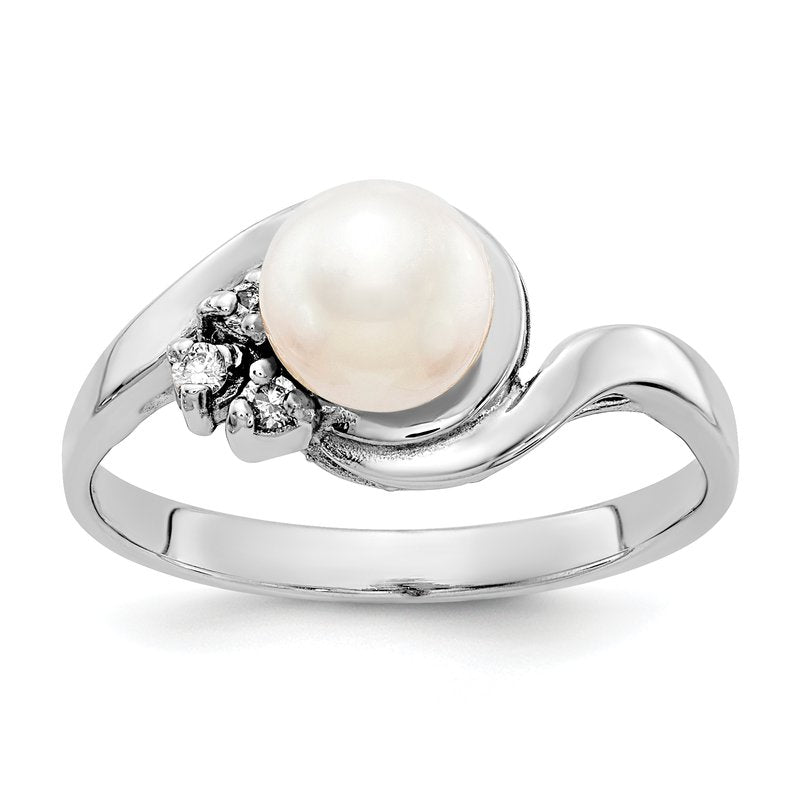 14k White Gold 6mm FW Cultured Pearl AA Diamond Ring