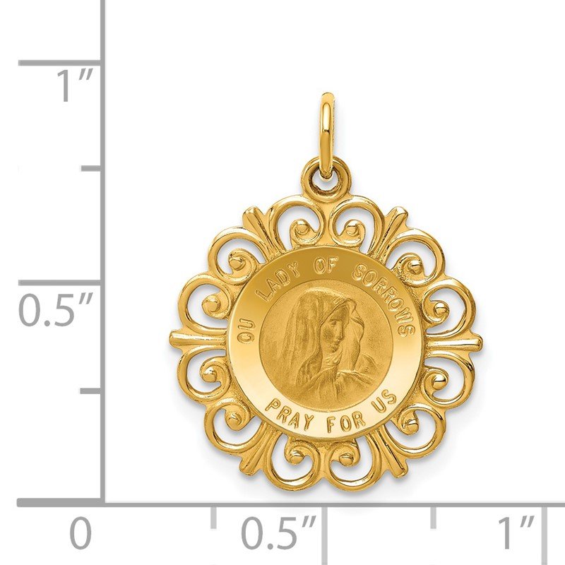 14k Polished and Satin Solid Our Lady of Sorrows Medal Scalloped Edge Round Pendant
