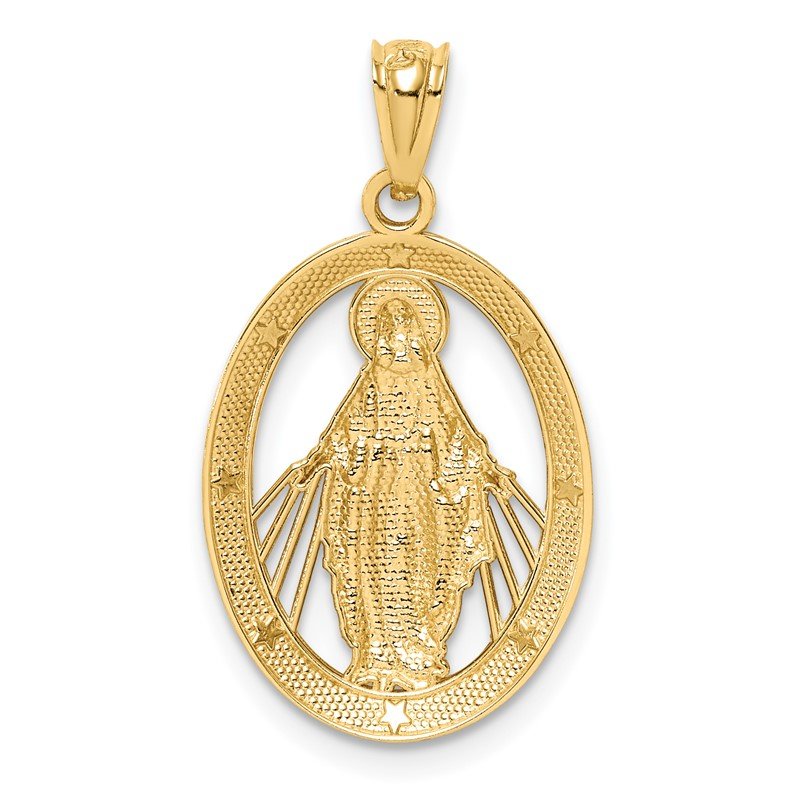 14K and White Rhodium Polished Cut-out Miraculous Medal Oval Pendant