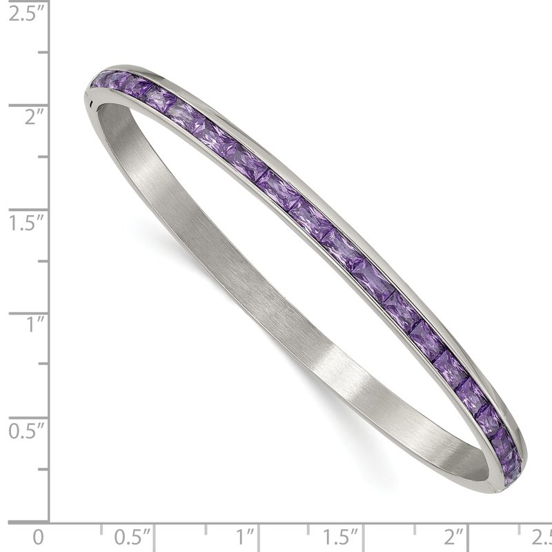 Stainless Steel Polished Purple CZ 5mm Hinged Bangle