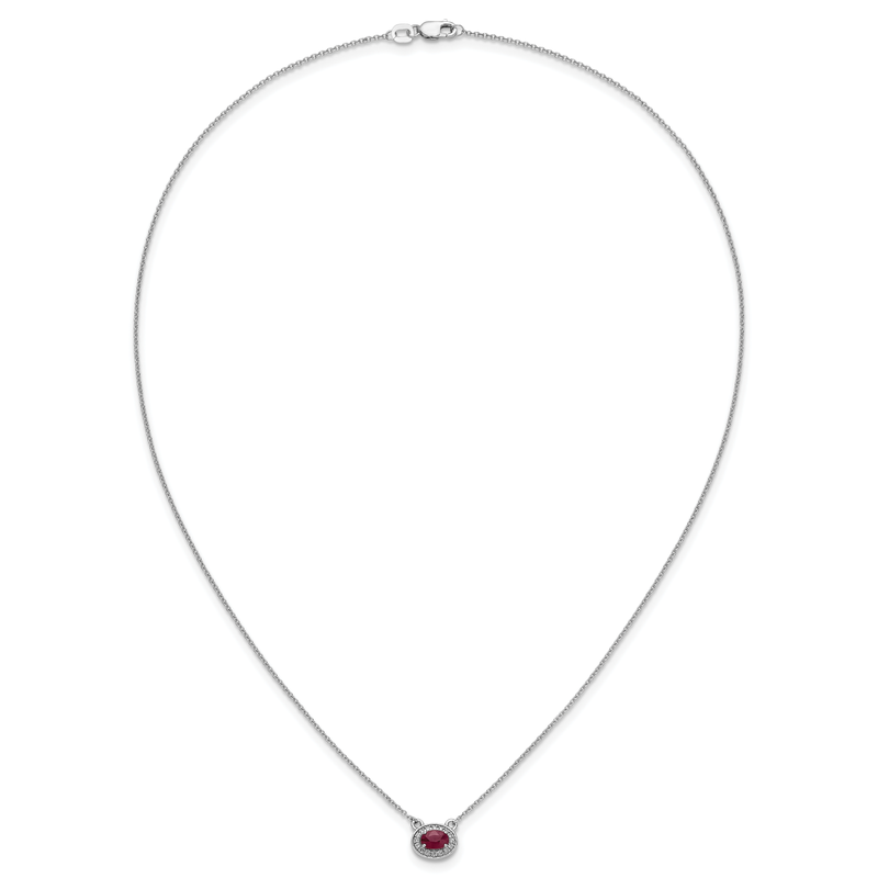 14k White Gold Diamond and 6x4mm Oval Ruby Halo East-West 18 inch Necklace