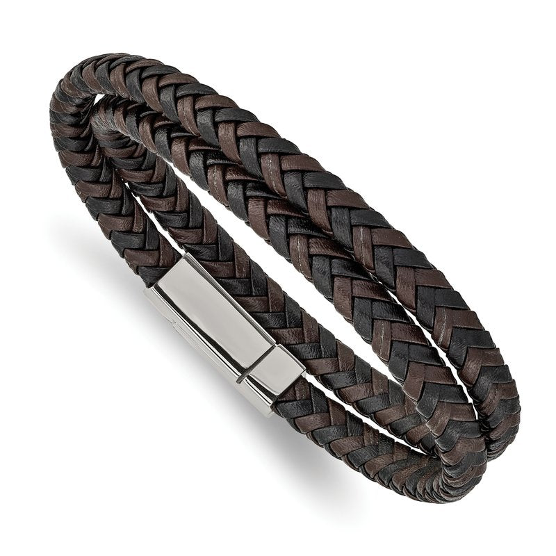 Stainless Steel Polished Black and Brown Braided Leather 15.75 inch Wrap Bracelet